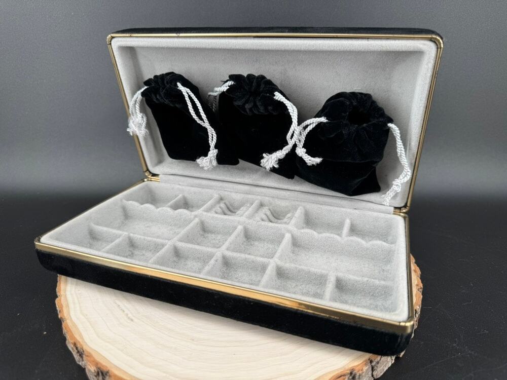 Vintage Black Velvet Jewelry Box w/ Pouches Gold Trim Ring Earring Organizer